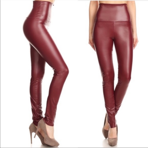 Burgundy Faux Leather high waisted leggings - Picture 2 of 4
